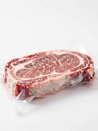 Crisp commercial food photography, bright high-key studio lighting, a vacuum-sealed premium cut of beef on an immaculate sterile white surface, sharp focus, 50mm lens