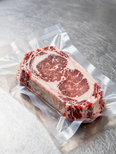 Crisp vertical portrait of a premium raw ribeye steak inside heavy vacuum-sealed clear packaging, lying on a spotless stainless steel processing table, bright clinical lighting, sharp focus