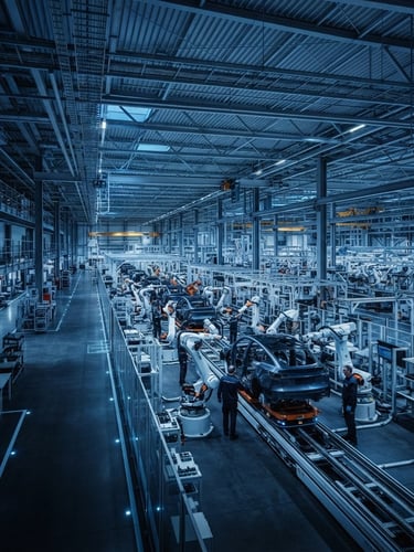 Wide-angle panoramic view of a modern automotive factory interior, clean assembly lines, cool blue lighting, deep charcoal tones, with a subtle technical blueprint overlay, 35mm.