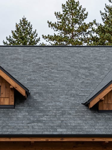 A close-up of clean, perfectly aligned architectural shingles on a Muskoka cottage roof, towering pine trees in the background, crisp overcast daylight.