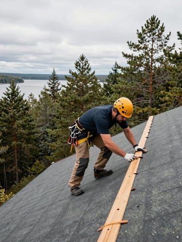 A close-up of a professional roofer in clean gear inspecting a finished roof edge, dense pine forest and a glimpse of a Muskoka lake in the background, overcast natural daylight, crisp editorial style