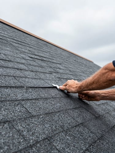 Close-up of a professional roofer carefully installing flashing on a clean shingle roof, natural overcast light, focus on precise craftsmanship
