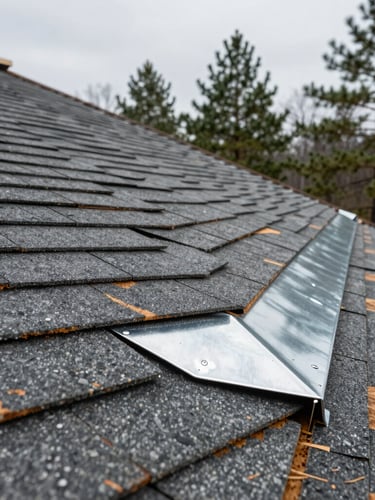Close-up of clean, heavy-duty architectural shingle installation with flawless metal flashing details, crisp overcast Muskoka daylight, pine trees in soft focus background