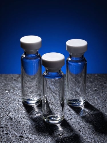 Geometric arrangement of three minimalist glass decant vials on a dark mineral surface, sharp light reflections, royal blue accents.