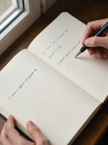 Close-up overhead flatlay of open ledger pages and a pen resting on a lined statement, hands visible at edges reviewing figures, controlled natural window light from the left, cream and navy tones, no people visible beyond wrists
