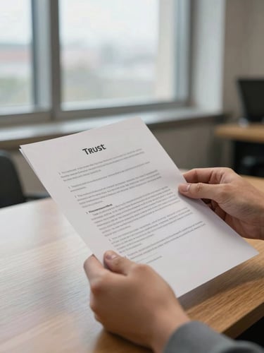 Medium-close of two hands carefully holding and reviewing a multi-page trust document, natural light from a tall office window illuminating the paper edges, a wooden desk surface visible below, no faces, no branding