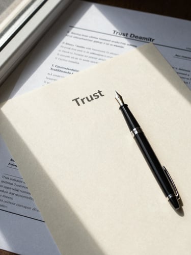 Close overhead flatlay of printed trust statements and a fountain pen resting on cream paper, controlled window light from the left casting soft even shadows, no hands visible, documents partially overlapping to suggest depth and order