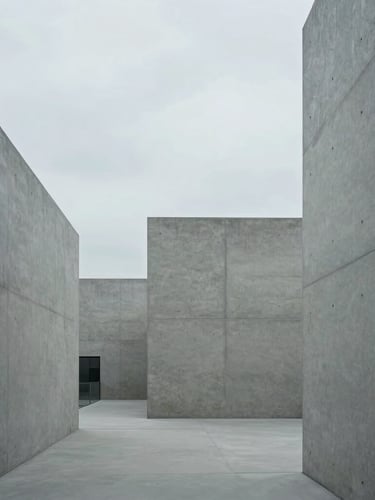 Minimalist architectural lines of a modern concrete research facility, cool diffused overcast daylight, desaturated slate tones, 35mm