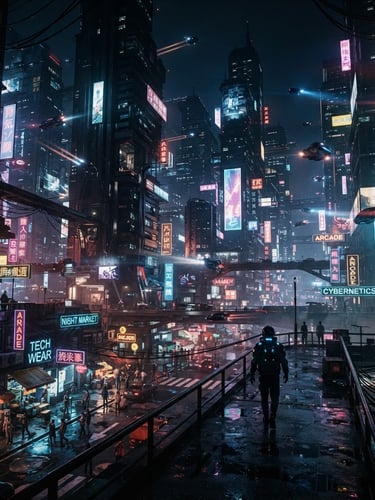 Wide anamorphic shot of a futuristic cityscape at night with neon signs, dramatic chiaroscuro lighting, rich moody tones, cinematic film still, high-contrast concept art