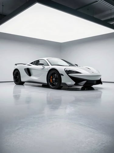 Low-angle wide shot of a pristine finished double-car garage floor with a luxury sports car parked, bright overhead lighting, high-contrast cool tones, sharp focus