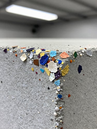 Macro close-up of multi-colored decorative flakes embedded in a high-gloss concrete coating, sharp focus, 35mm lens, bright overhead garage lighting