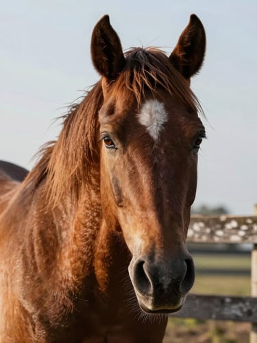 A close-up portrait of a calm, gentle horse looking directly at the camera, soft sunlight highlighting its textured brown mane and warm eyes, weathered wooden fence in background