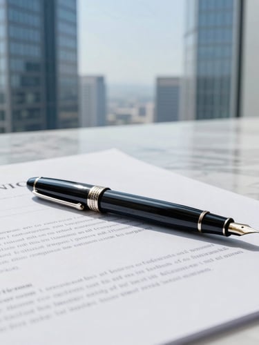 Close-up of a high-end fountain pen resting on a detailed corporate contract, elegant marble desk, soft natural light from a high window