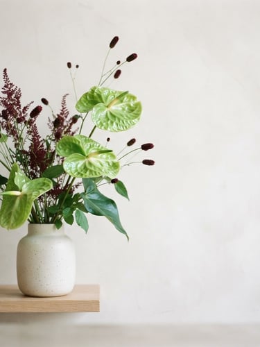 Portrait-oriented close-up of a sculptural arrangement featuring green anthurium and burgundy sanguisorba, set against a soft neutral backdrop, bright diffused natural daylight, generous negative space to the right, sharp focus.