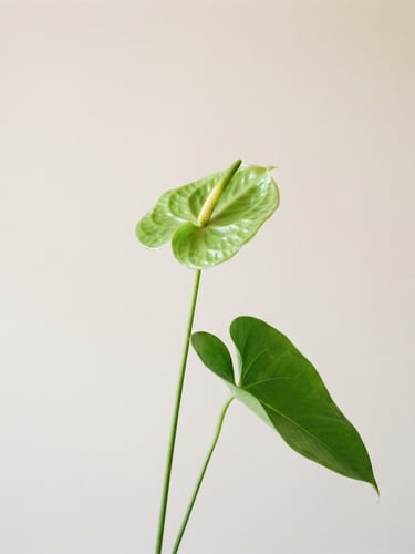 Bright editorial photography of a single green anthurium stem, sharply focused, with generous white negative space, against a clean neutral backdrop, natural diffused daylight, 35mm.