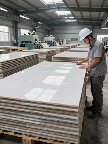 Wide environmental shot inside a tile manufacturing plant, rows of ceramic tiles stacked on pallets under bright overcast skylights, a quality inspector in a hard hat examining a tile surface in the right foreground, factory machinery visible in the background, even daylight revealing glaze texture and material authenticity