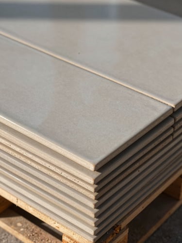 Extreme close-up of large-format ceramic floor tiles stacked on a factory pallet, glaze surface catching even north-facing daylight, fine grout texture visible along tile edges, muted warm grey tones