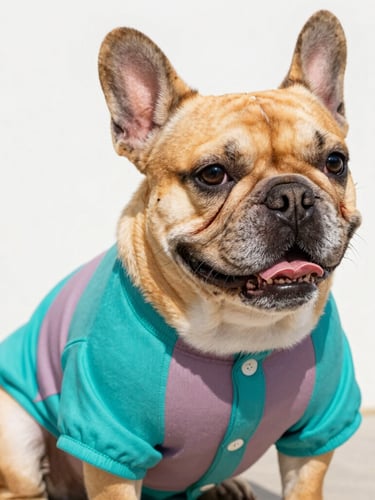 Vibrant close-up of a happy French bulldog wearing a custom-tailored colorful teal and mauve shirt, sitting comfortably in bright natural daylight, eye-level shot