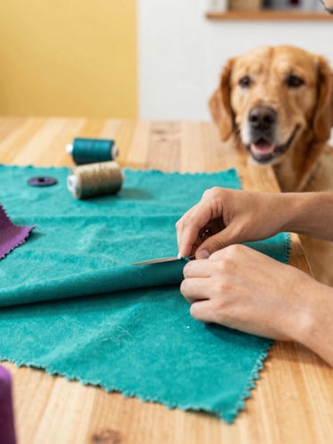 Warm natural daylight photo of a family craft workshop in Celaya, hands carefully cutting vibrant teal and mauve fabrics on a wooden table, with sewing tools nearby, shallow depth of field.