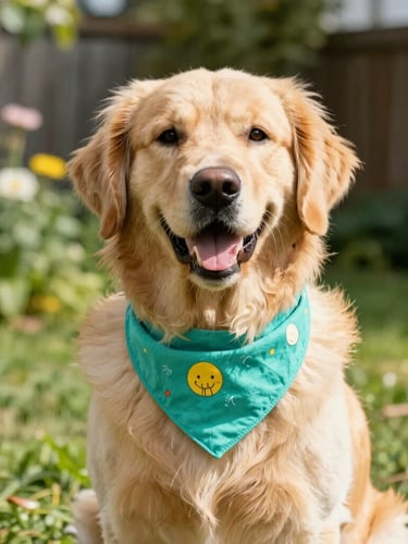 Bright natural daylight photo of a happy golden retriever wearing a colorful handmade teal bandana, sitting outdoors in a sunny garden, eye-level portrait, shallow depth of field.