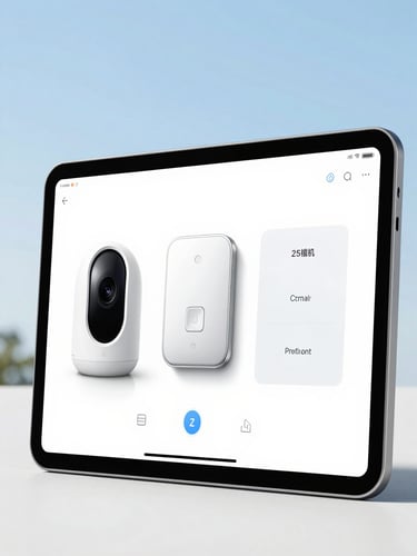 Crisp close-up of a smart home interface on a tablet, showing connected devices like a solar camera and a smart garage opener, in bright natural daylight.