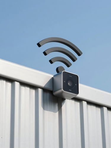 A detailed technical diagram showing WiFi signals passing through a cross-section of a metal-clad wall, highlighting signal penetration, crisp outdoor photography, bright natural daylight, sharp focus, 35mm
