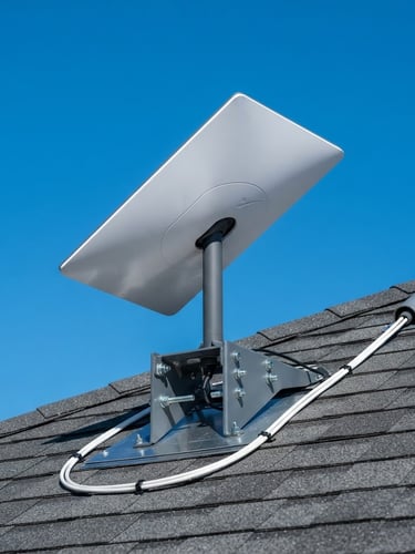 Close-up of a Starlink Gen 4 dish mounted securely on a residential roof, with a clear blue sky background, highlighting professional installation.