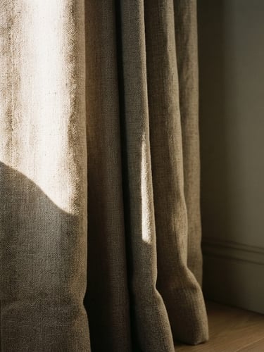 Close-up detail of triple-layer insulated curtain fabric catching low-angle natural morning sun, casting long deep shadows across a quiet neutral room corner, 35mm