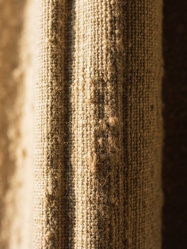 Tight macro crop of heavy oatmeal linen drape catching low-angle morning sun, deep shadows, warm editorial photography, 35mm