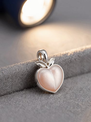 Extreme macro shot of a sterling silver peach charm resting on soft gray linen, warm directional workshop light, 100mm