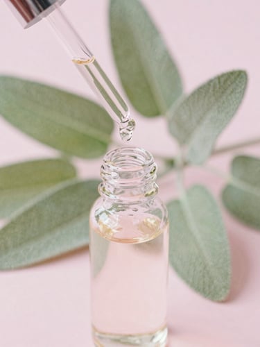 Close-up of a glass dropper bottle with essential oil, soft botanical sage leaves in the background, diffused natural morning light, pale pink tones, shallow depth of field