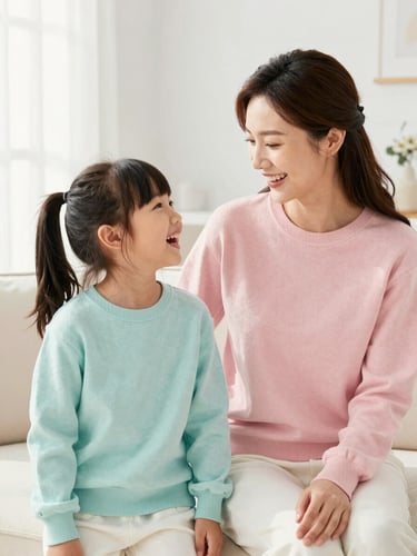 A smiling mother and young daughter wearing coordinated pastel cotton sweaters, laughing together in a bright, sunlit living room, high-key natural light, 35mm lens