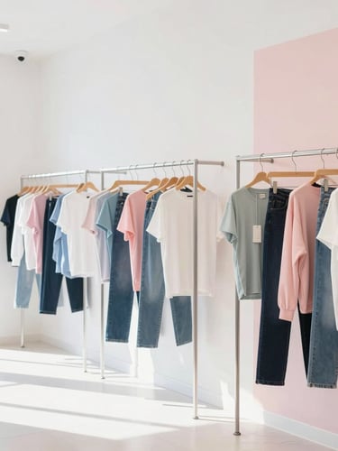 Bright high-key lifestyle photography of a clean, modern clothing store interior with soft natural light, minimalist clothing racks, and pastel backdrops, 35mm lens