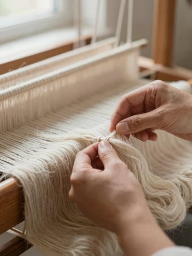 Close-up of skilled artisan's hands preparing hand-spun highland wool on a traditional wooden loom, soft natural window light emphasizing fiber texture and knotting, cream and sand tones, shallow depth of field, 35mm