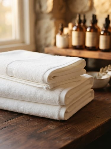 Close-up of pristine folded white towels on a dark wooden surface, with premium massage oils in amber glass bottles subtly blurred in the background, warm diffused golden hour light.