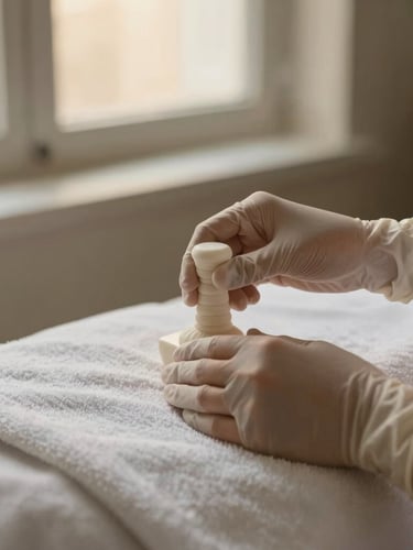 Close-up portrait shot of professional female hands wearing sterile gloves, carefully arranging pristine massage tools on a clean white towel, soft diffused window light, muted olive and beige tones, shallow depth of field.