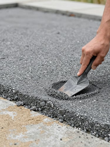 Close-up of hand troweling a stone carpet mixture onto a prepared concrete base, precise local craftsmanship, natural mineral basalt gray, 35mm