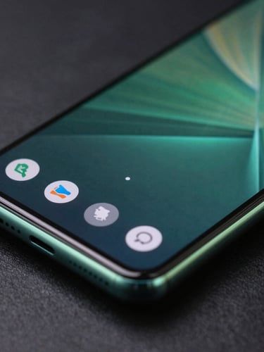 Extreme macro shot of a sleek flagship Android smartphone screen displaying a fluid, high-refresh-rate UI transition, subtle green edge-glow reflecting off the curved glass, dark studio setting.