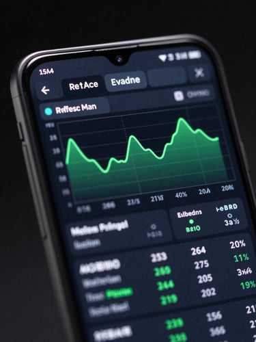Macro shot of a high-refresh-rate Android screen displaying a complex fintech dashboard with real-time green charts and clean monospaced typography, dark studio lighting.
