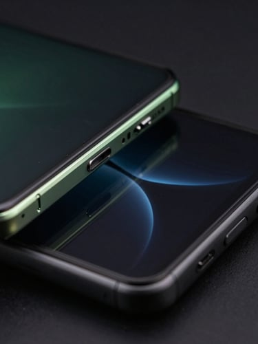 Extreme close-up macro shot of a sleek physical Android flagship device frame, low-key high-contrast studio lighting, subtle green edge-glow reflecting off the dark glass screen, showing a glimpse of a fluid UI transition, dark tech aesthetic.