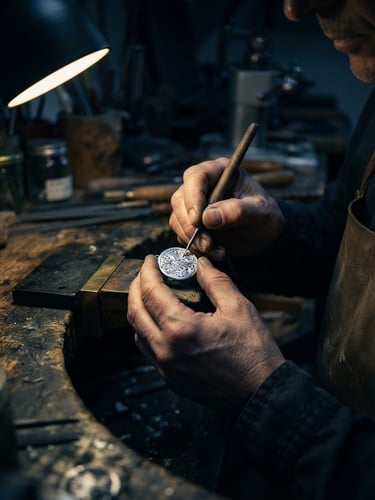 Close-up macro shot of skilled artisan hands carefully carving intricate details into a silver charm, dramatic chiaroscuro lighting, deep shadows, sharp highlights, shallow depth of field, workshop background blurred, tools visible, focused on the silver.