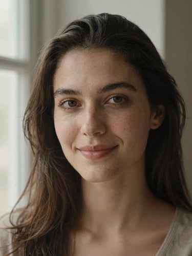 Warm portrait of Thaís looking directly at the camera with a gentle smile, soft natural window light, muted earthy tones, shallow depth of field, 35mm