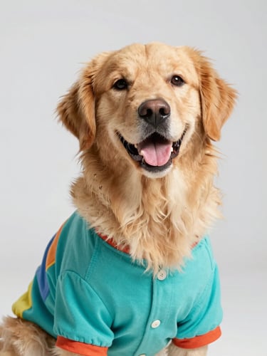 Vibrant studio portrait of a happy golden retriever wearing a colorful handmade turquoise shirt, eye-level, bright soft lighting, plain light grey background.
