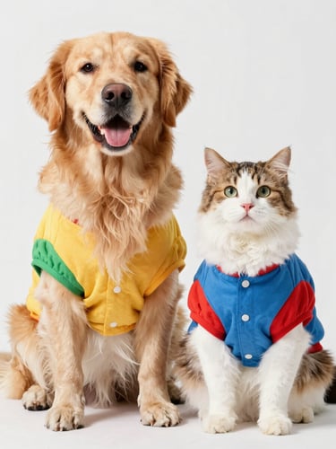 A cheerful golden retriever and a fluffy calico cat sitting side by side, wearing colorful matching custom-made shirts, bright natural studio lighting, joyful mood, 50mm