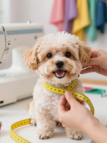 Close-up of artisan hands gently measuring a small happy dog with a yellow tape measure in a bright, colorful sewing workshop, soft natural light, 50mm