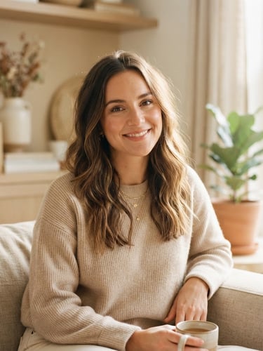 Warm editorial portrait of Laura, smiling gently, in a sunlit, clean home interior. Soft beige and sage green tones, shallow depth of field.