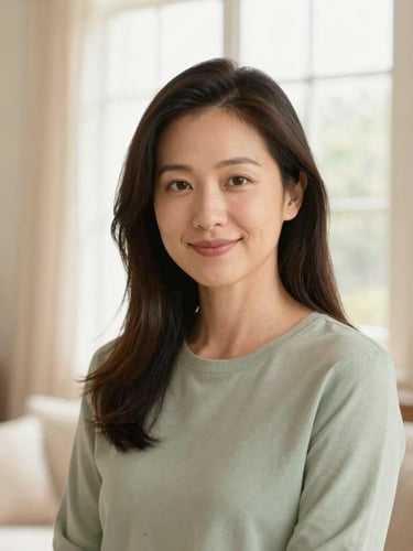 Warm editorial portrait of Melissa, looking warm and approachable, in a sunlit, clean home interior. Soft beige and sage green tones, shallow depth of field.