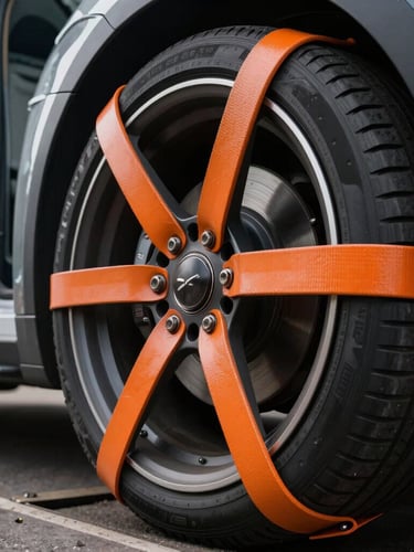 Close-up of heavy-duty orange wheel straps and secure tie-downs on a luxury car wheel inside an enclosed transporter, industrial premium lighting