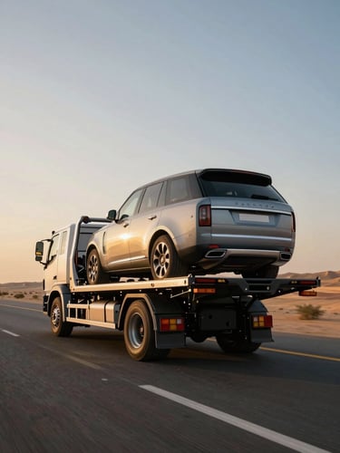 Low-angle heroic shot of a clean modern flatbed truck carrying a luxury SUV on the highway between Dubai and Riyadh, dramatic golden hour desert light, clear sky.