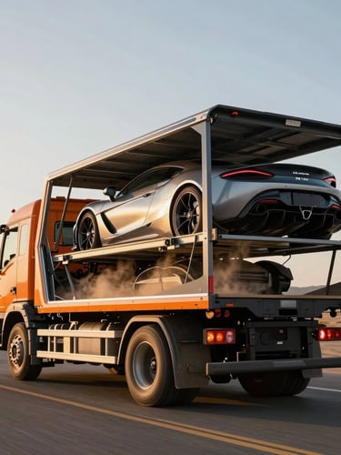 Low-angle heroic shot of a modern enclosed orange and black flatbed transporter truck driving on a desert highway at golden hour, carrying a luxury sports car, dust-free.